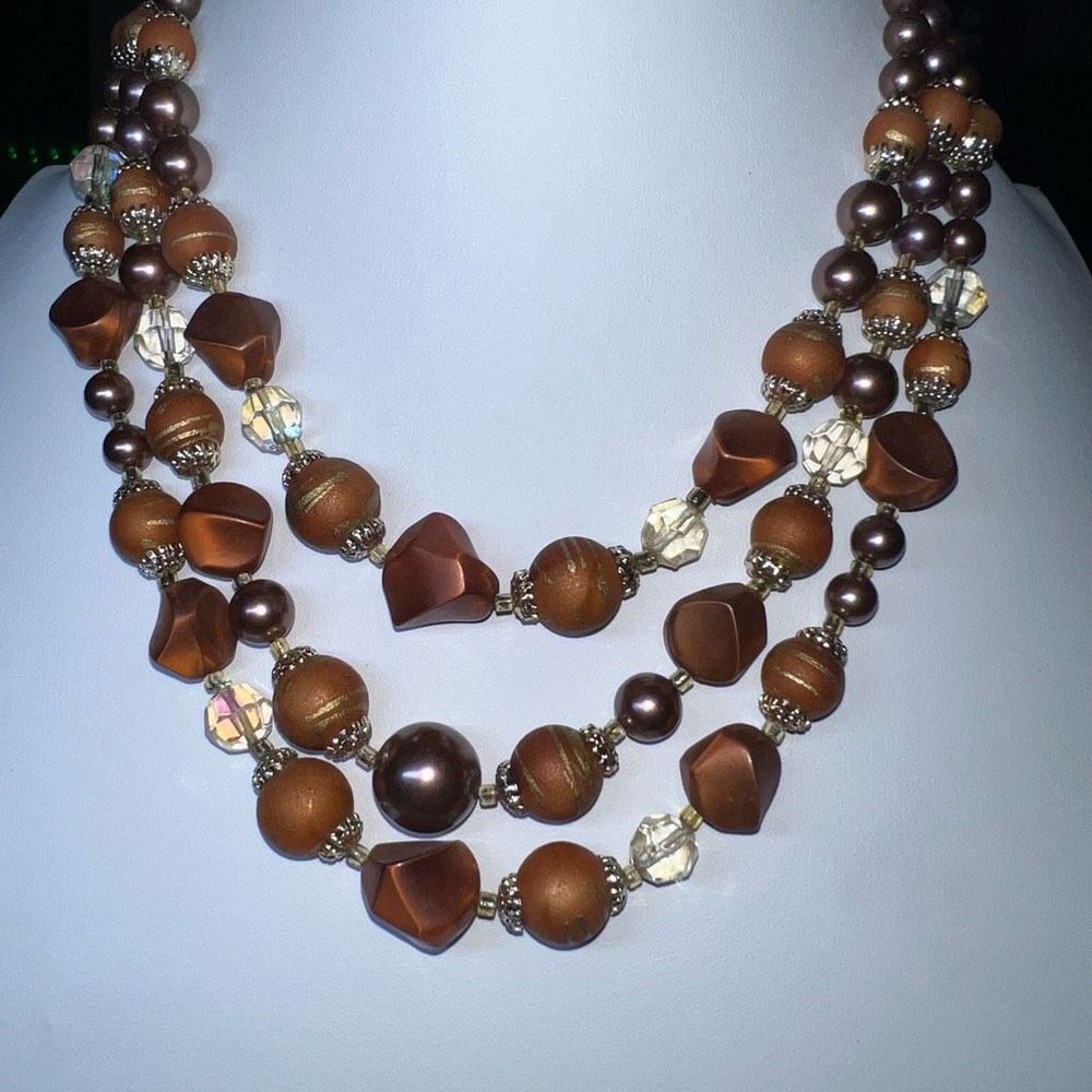 Brown Triple Strand Beaded Statement Necklace Faux Pearl